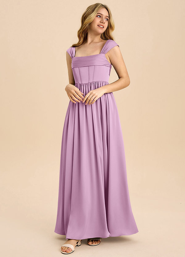 Azazie Hattie Junior Abito A-Line in Raso Elasticizzato Plissettato Glicine image1