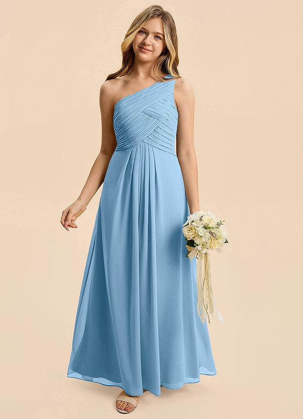 Azazie Emmie Junior Steel Blue A-Line Pleated Chiffon Dress image1