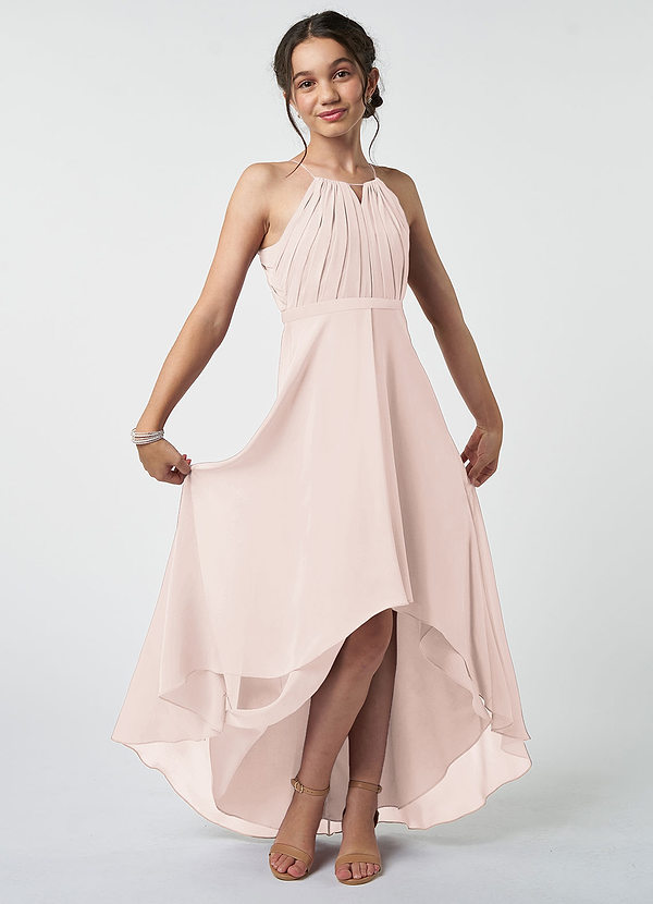 Azazie Oaklynn Junior Robe Trapèze en Mousseline de soie Plissée Rose Pétale image1