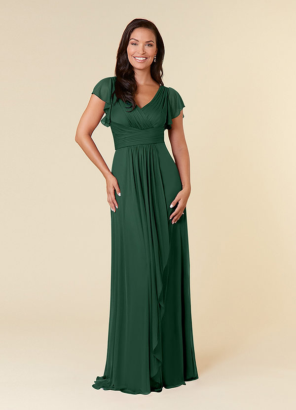 Azazie Reneya Mother of the Brides Dresses Dark Green A-Line Pleated Mesh Dress image1
