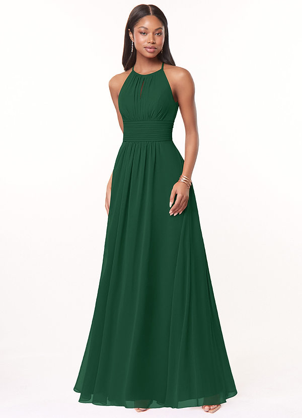 Azazie Bonnie Bridesmaid Dresses Dark Green A-Line Keyhole Ruched Chiffon Dress image1