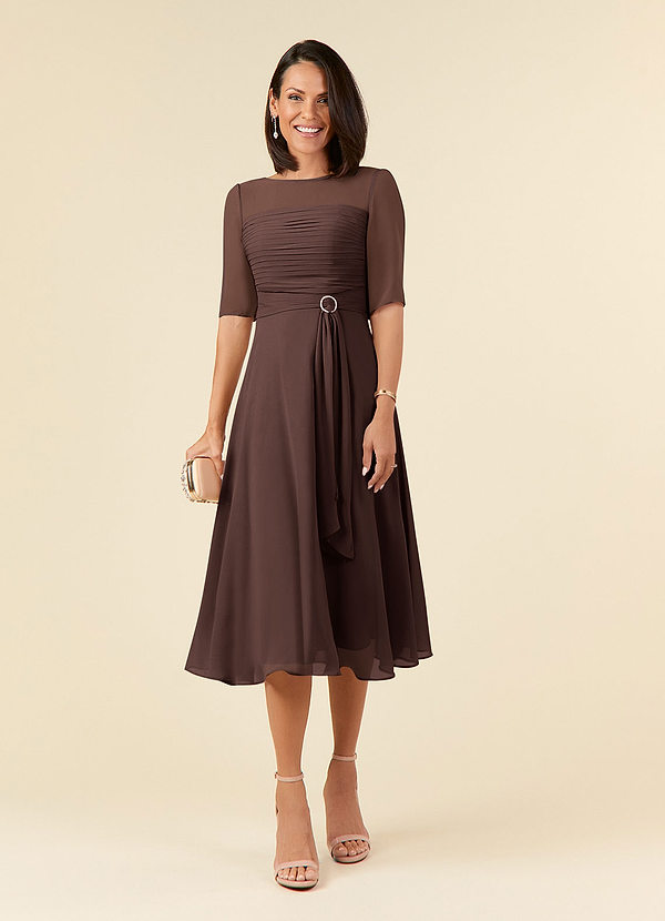 Azazie Naomi Mother of the Brides Dresses Ganache A-Line Boatneck Pleated Chiffon Dress image1