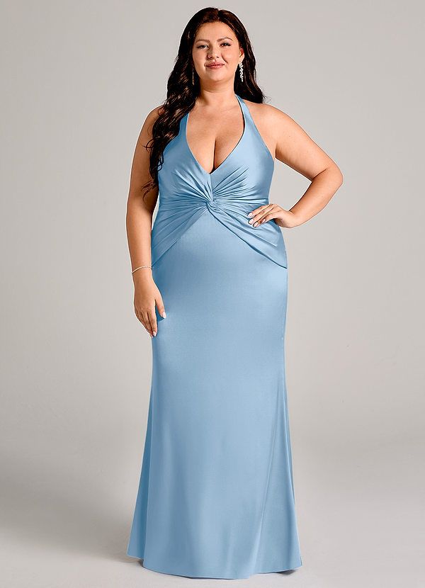 Azazie Valerie Robes de demoiselle d'honneur Robe Sirène en Satin extensible Plissée Poudre Bleue image1