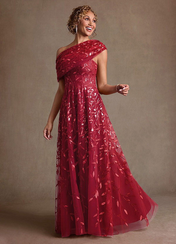 パーティードレス錦　赤錦　Echeveria Party Dress Azazie Sidney Cabernet A-Line Off the Shoulder Lace Dress Ready to