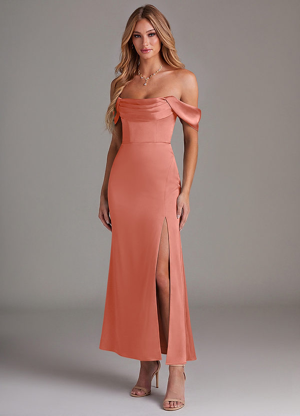 Azazie Saige Bridesmaid Dresses Salmon Pink Mermaid Off the Shoulder Stretch Satin Dress image1