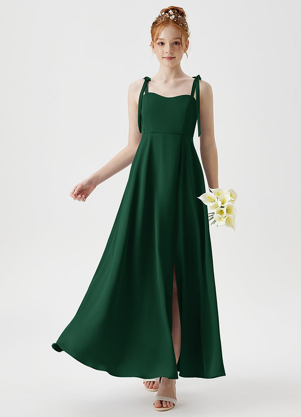 Azazie Rosey Junior Robe Trapèze en Satin extensible Encolure en Forme de Cœur Vert Foncé image1