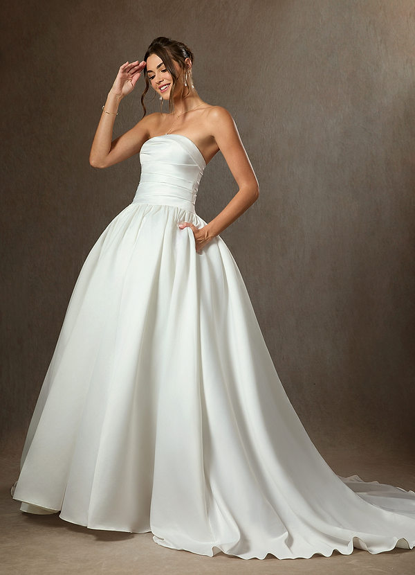 Azazie Lucinda Wedding Dresses Diamond White Ball-Gown Strapless Matte Satin Dress image1