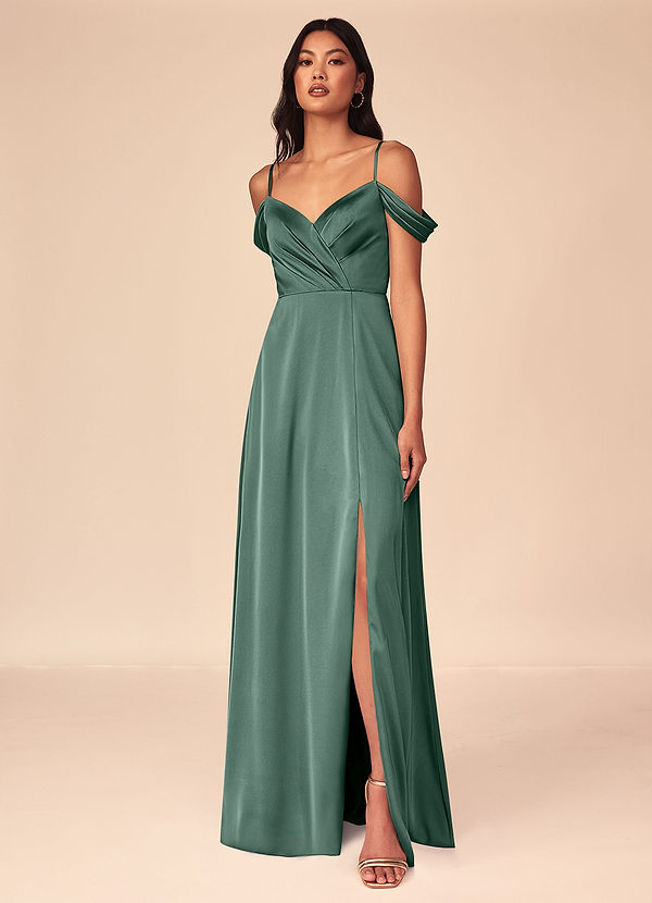 Azazie Ocean Bridesmaid Dresses Eucalyptus A-Line V-Neck Pleated Stretch Satin Dress image1