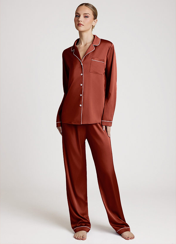 front Terracotta Long Sleeves and Pants Satin PJ Set