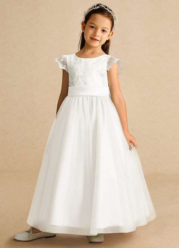 Azazie Pookie Flower Girl Dresses Ivory A-Line Lace Tulle Dress image1