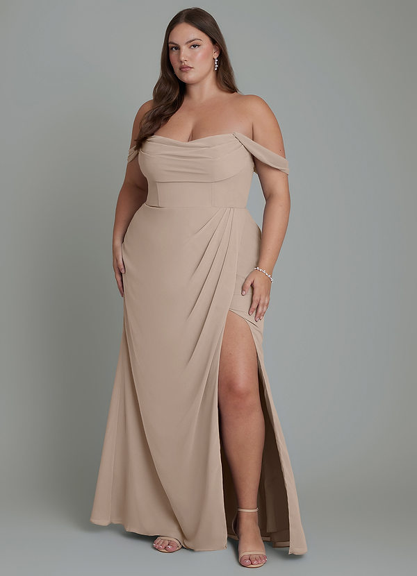 Azazie Johana Vestidos de dama de honor Vestido Gris Pardo de Gasa de Corte Sirena Convertible con Hombros descubiertos image1