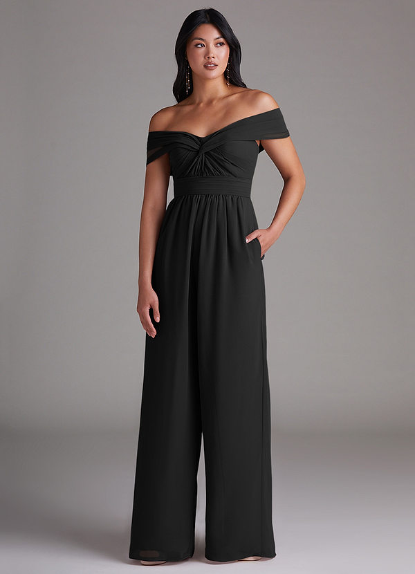 Azazie Lamara Bridesmaid Dresses Black Off the Shoulder Chiffon Convertible Jumpsuit image1