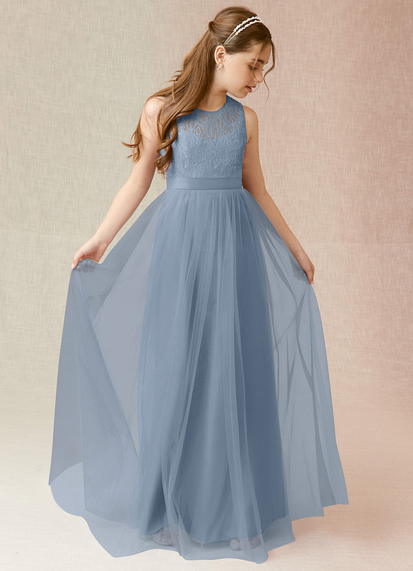 Azazie Georgette Junior Dusty Blue A-Line Lace Tulle Dress image1