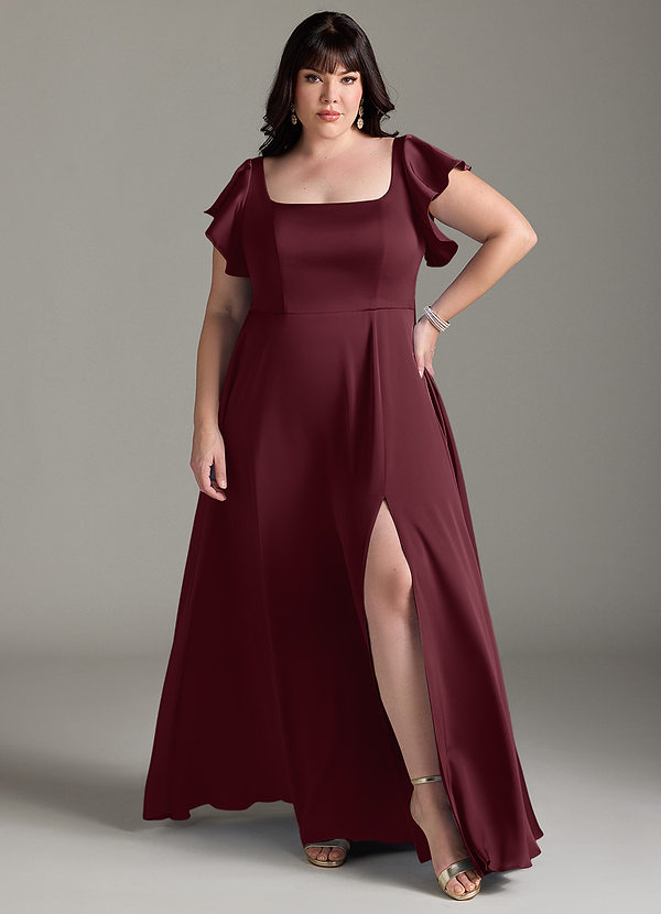 Azazie Bondi Bridesmaid Dresses Cabernet A-Line Bow Stretch Satin Dress image1