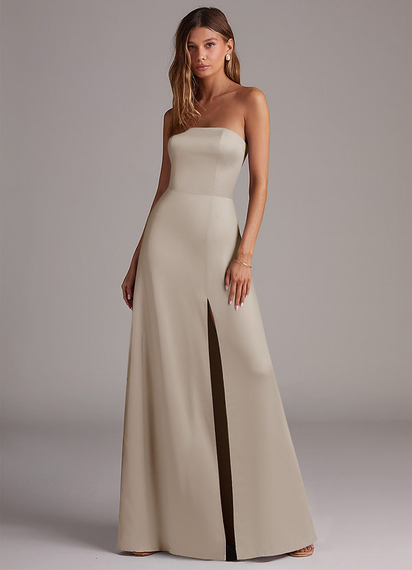 Azazie Wren Robes Demoiselle d'honneur Robe Trapèze Convertible en Satin extensible Sans bretelle Givre image1