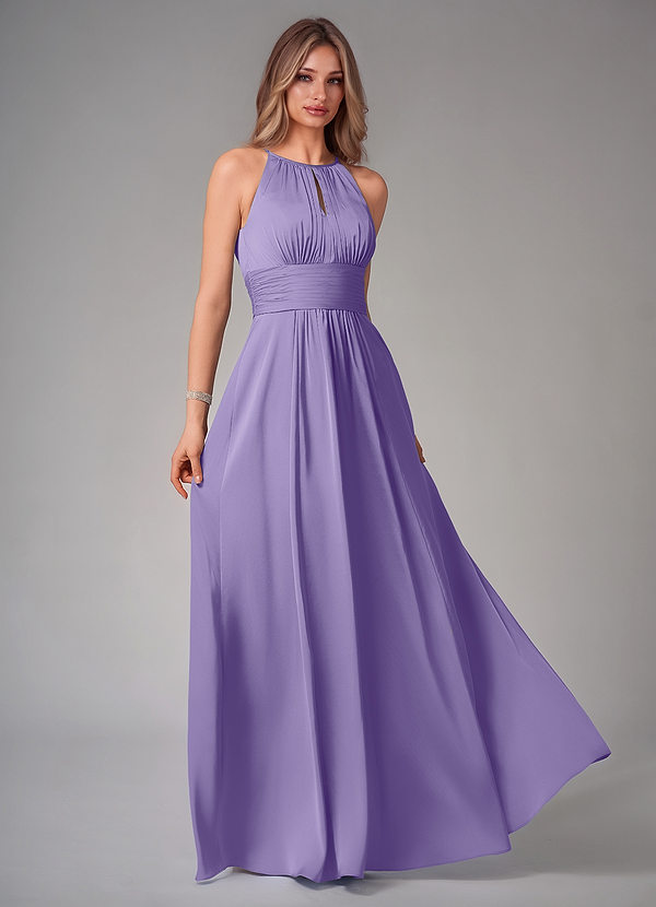 Azazie Bonnie Bridesmaid Dresses Tahiti A-Line Pleated Stretch Satin Dress image1
