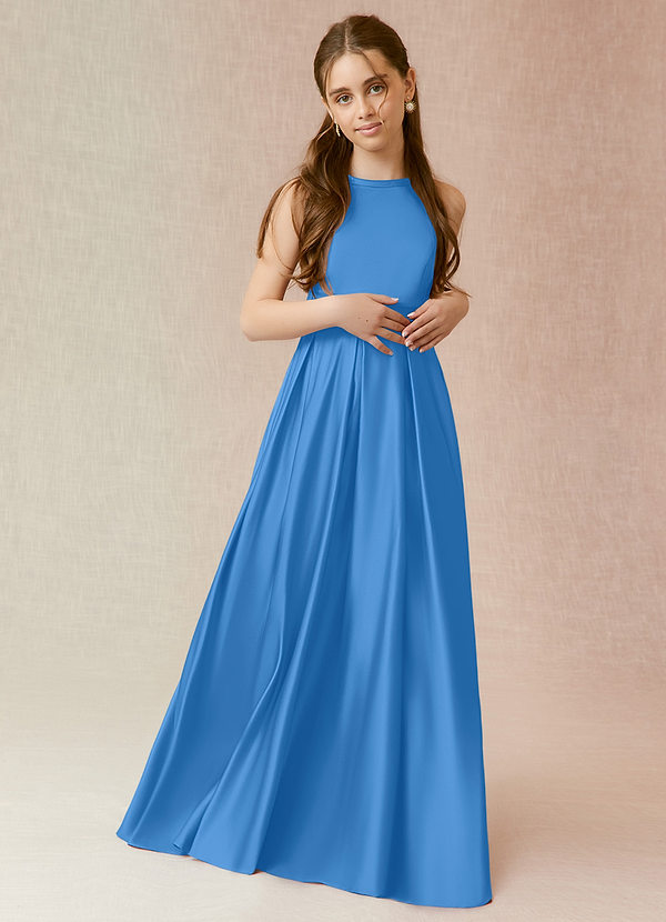 Azazie Arianthe Junior Blue Jay A-Line with Pockets Matte Satin Dress image1