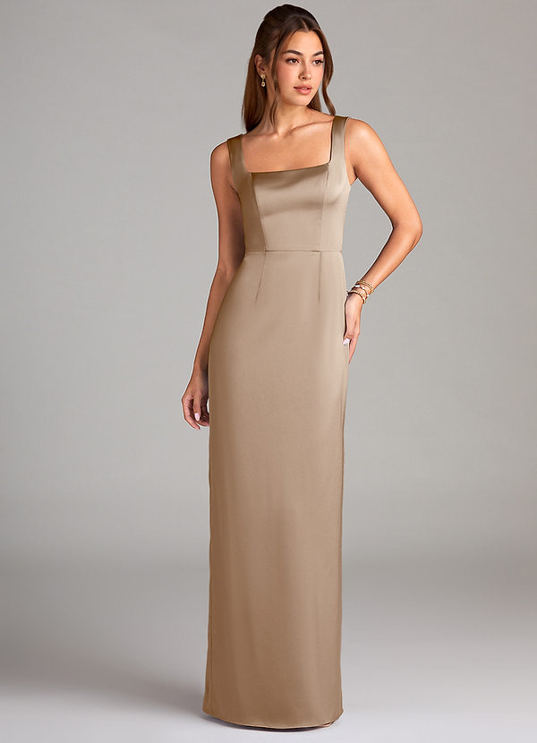 Azazie Flori Bridesmaid Dresses Taupe Sheath Side Slit Stretch Satin Dress image1