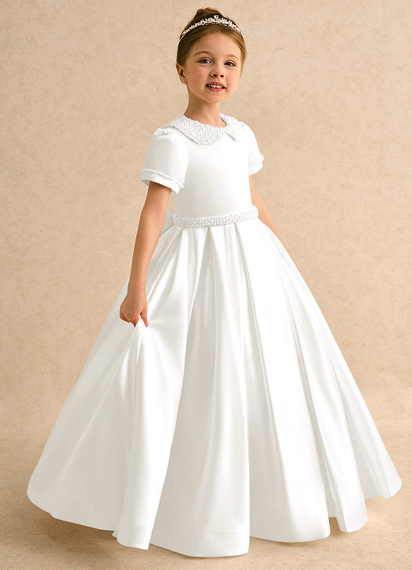Azazie Gabriella Flower Girl Dresses Ivory Ball-Gown with Sleeves Matte Satin Dress image1