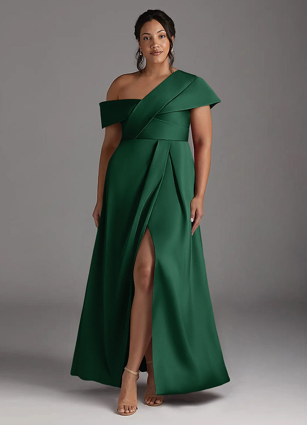 Azazie Milton Mother of the Brides Dresses Dark Green A-Line Pleated Stretch Satin Dress image1