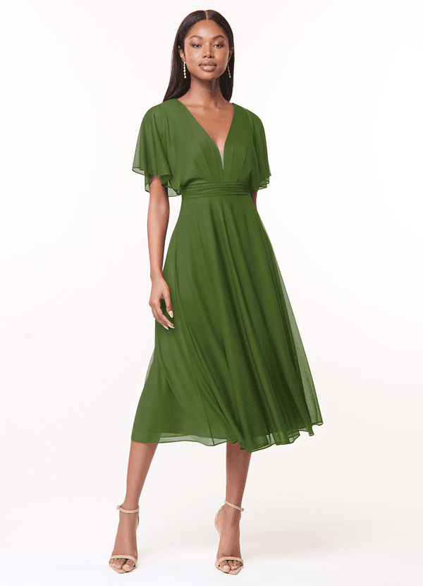 Azazie Tinsley Brautjungfernkleider A-Linie Plissee Gittergewebe Kleid Olivgrün image1