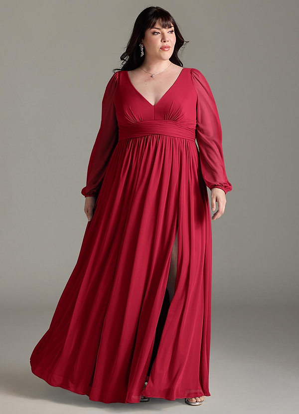 Azazie Norah Bridesmaid Dresses Scarlet A-Line V-Neck Long Sleeve Chiffon Dress image1