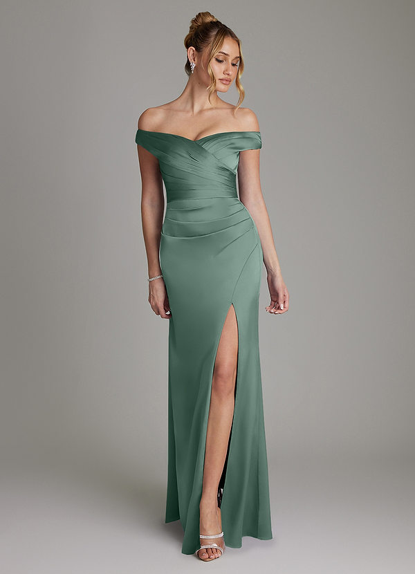 Azazie Teyana Abiti da Damigella Abito Tubino in Raso Elasticizzato a Spalla Scoperta Eucalipto image1