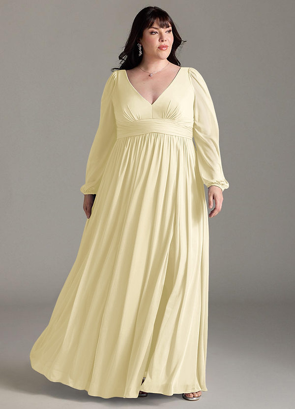 Azazie Norah Robes Demoiselle d'honneur Robe Trapèze en Mousseline de soie Col en V, manches longues Sorbet Citron image1