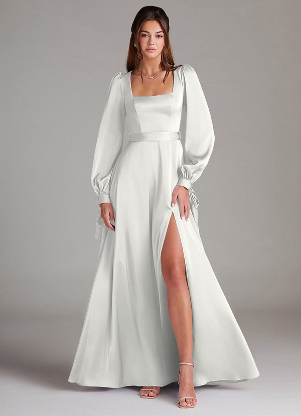 Azazie Leonia Robes Demoiselle d'honneur Robe Trapèze en Satin extensible Manche longue Blanc image1