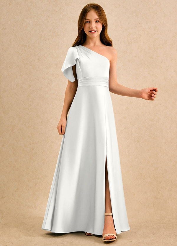 Azazie Jazzy Girls Formal Sukienki dla dziewczynek sypiących kwiaty Linia A Jedno ramię Satyna elastyczna Długość podłogi Sukienka image1