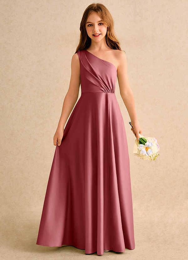 Azazie Puddles Junior Formal Blumenkinder Kleider A-Linie One-Shoulder Matte Satin Kleid Antike Rose image1