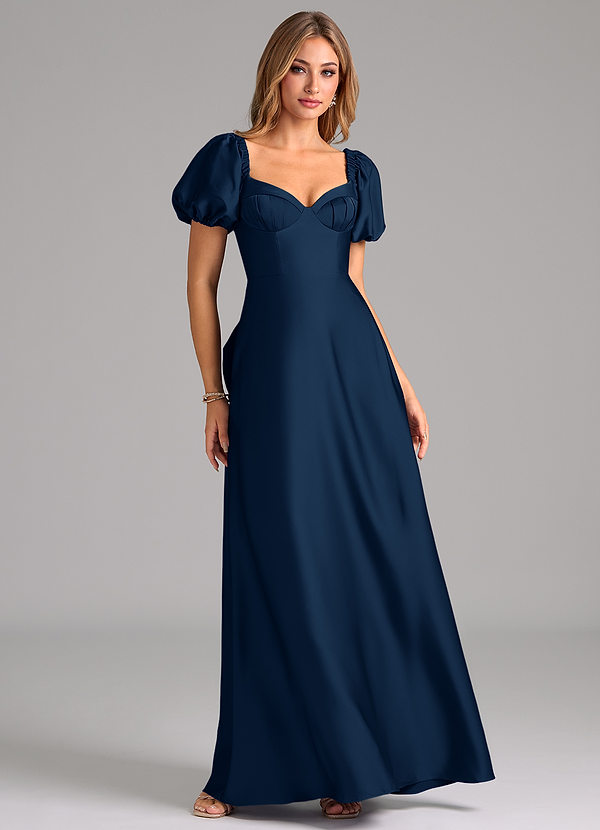 Azazie Fatima Bridesmaid Dresses Dark Navy A-Line Sweetheart Neckline Stretch Satin Dress image1