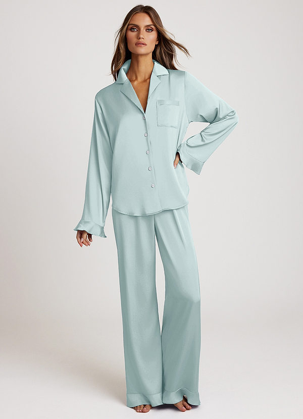 front Mist Ruffled Satin Long Sleeve Pajama Set