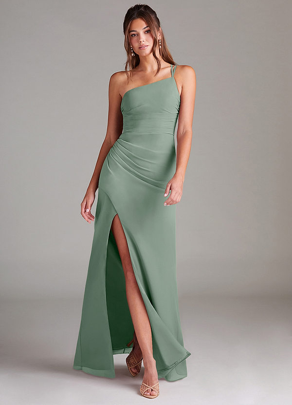 Azazie Eren Vestidos Dama de Honor Vestido de Salvia Plateada de Gasa de Corte Recto con Hombro unilateral image1