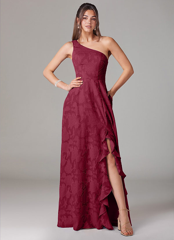 Azazie Ellianna Bridesmaid Dresses Burgundy A-Line One Shoulder Floral Burnout Dress image1