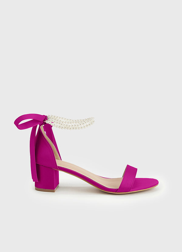 front Matching Color Matte Satin Pearl and Bow Open Toe Chunky Heel Sandals