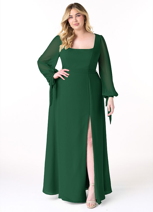 Azazie Leonia Brautjungfernkleider A-Linie Langarm Chiffon Kleid Dunkelgrün image1