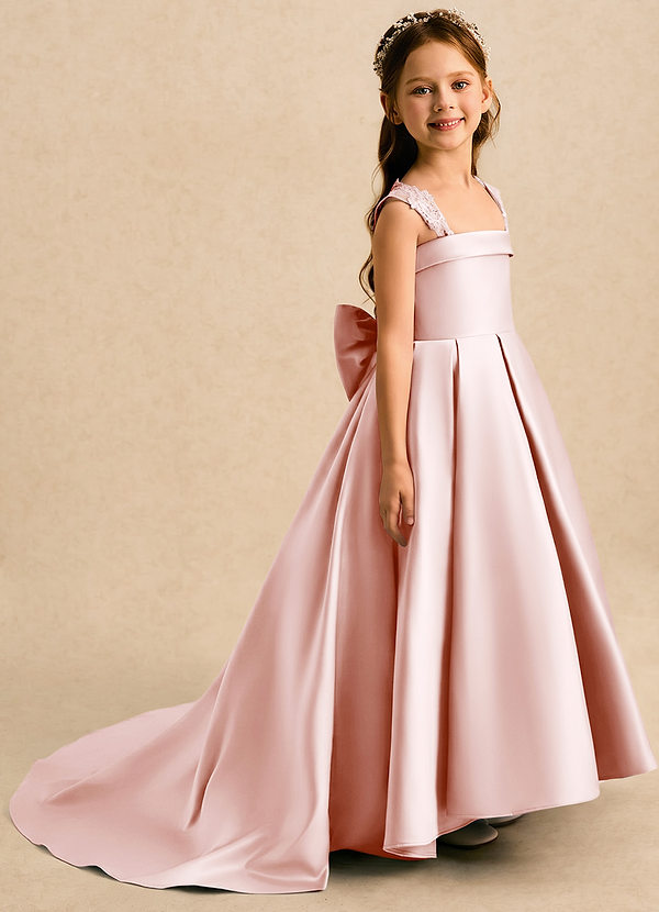 Azazie Genie Flower Girl Dresses Blushing Pink Ball-Gown Off the Shoulder Matte Satin Dress image1