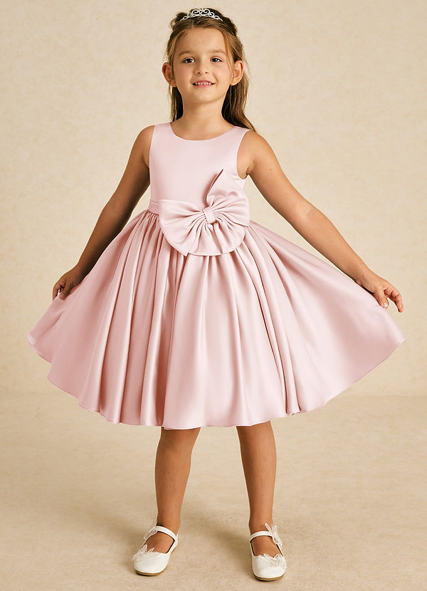 Azazie Apple Flower Girl Dresses Blushing Pink A-Line Bow Matte Satin Dress image1