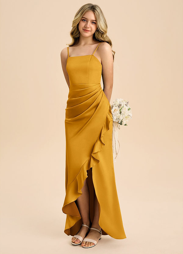 Azazie Buzzy Junior Butterscotch Sheath Pleated Stretch Satin Dress image1