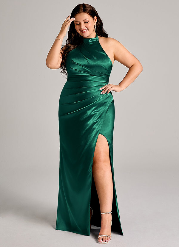 Azazie Jemma Bridesmaid Dresses Emerald Sheath Pleated Metallic Satin Dress image1