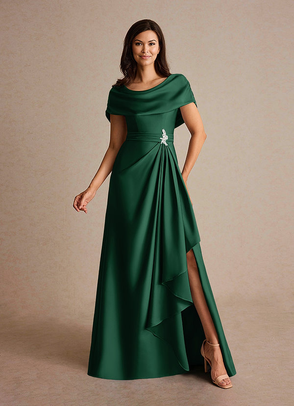 Azazie Branford Mother of the Brides Dresses Dark Green A-Line Pleated Stretch Satin Dress image1