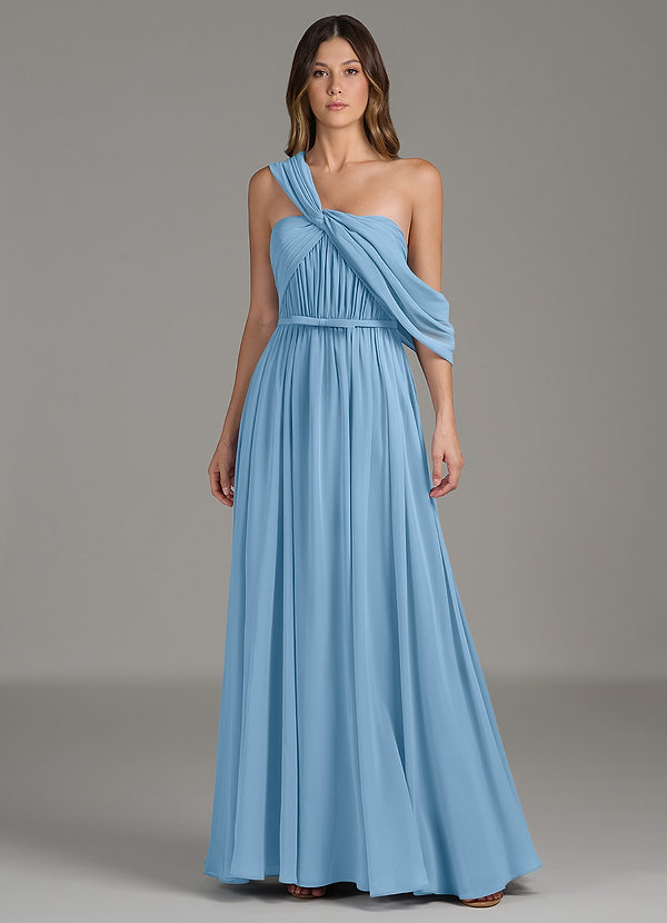 Azazie Nyah Bridesmaid Dresses Steel Blue A-Line Off the Shoulder Chiffon Dress image1