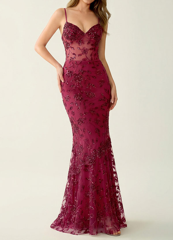 Fayerosa Burgund Ballkleid mit Perlen- und Paillettenstickerei image1