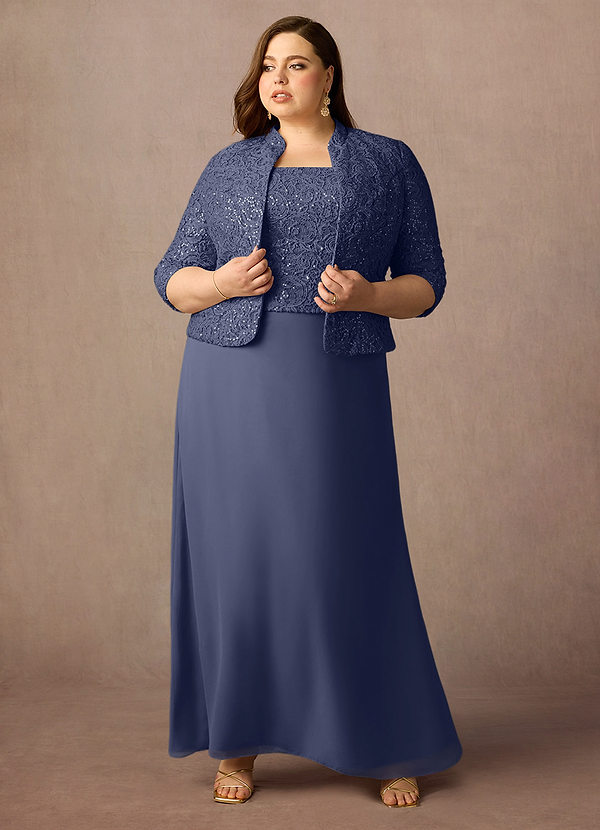 Azazie Cornelia Robes de mère de la mariée Robe Fourreau en Mousseline de soie Encolure carrée paillettes Bleu Orageux image1