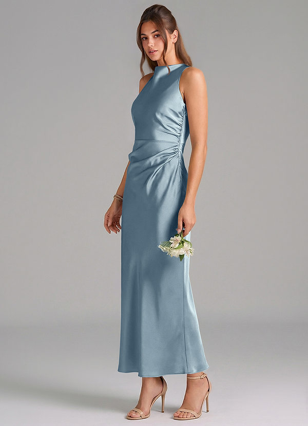 Azazie Evadne Vestidos Dama de Honor Vestido de Azul Polvoriento de Satén Elástico de Corte Recto con Plisado image1