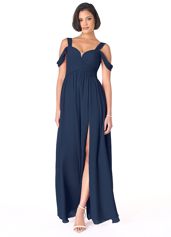 Azazie Lianne Bridesmaid Dresses Dark Navy A-Line Off the Shoulder Chiffon Dress image1