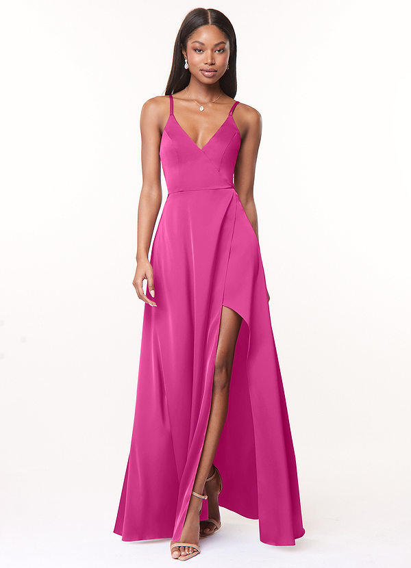 Azazie Maksim Bruidsmeisjes Jurken Jurk van Stretch Satijn met A-Lijn V-hals Fuchsia image1