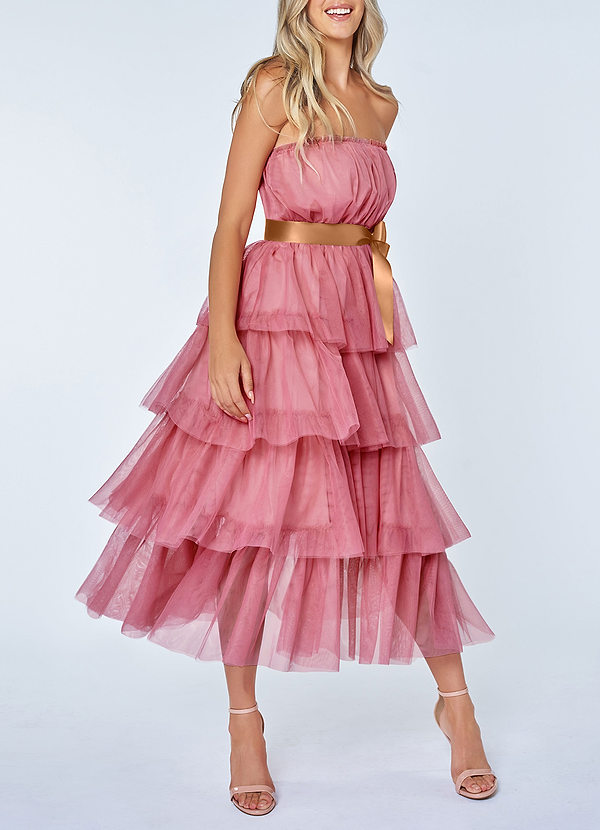 front Tulle-Proof Pink Tulle Strapless Tiered Maxi Dress