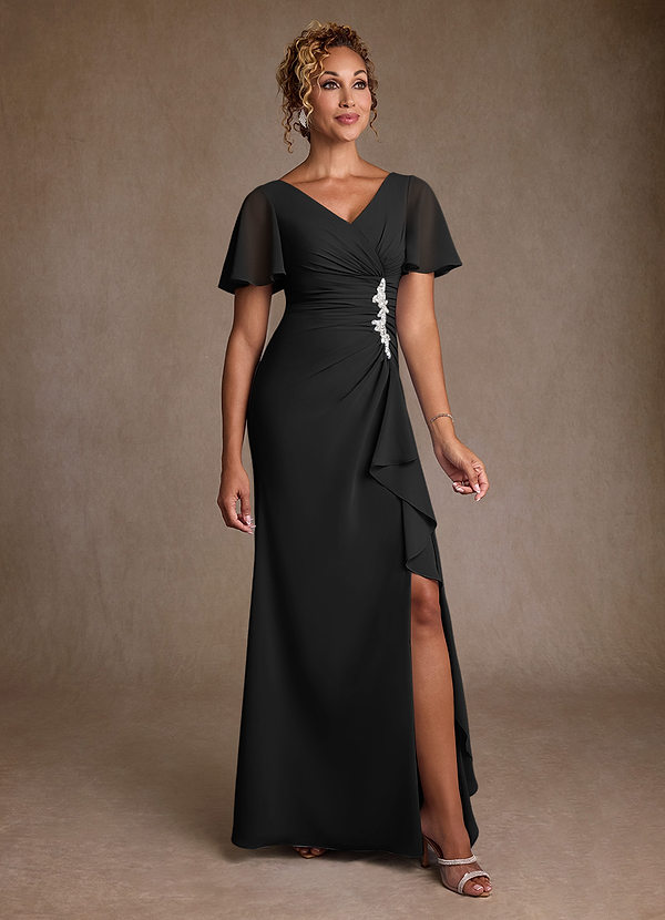 Azazie Suffolk Vestidos de Madre de la Novia Vestido de Negro de Gasa de Corte en A con Plisado image1